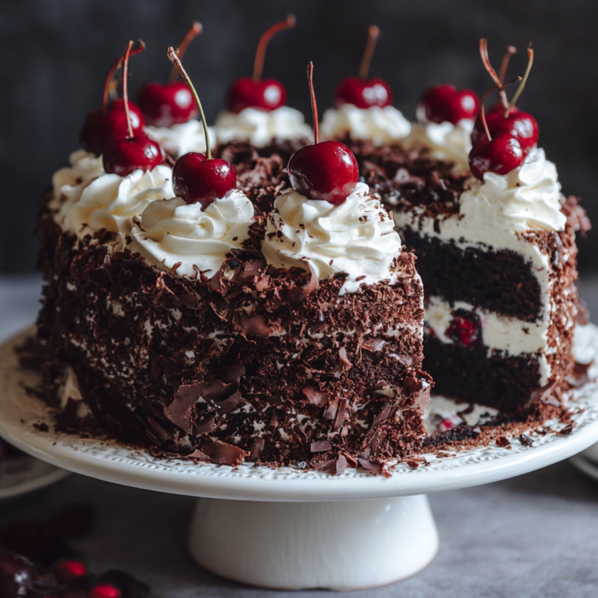 Whole Black Forest cake on a stand, decorated with whipped cream swirls, chocolate shavings, and cherries on top.