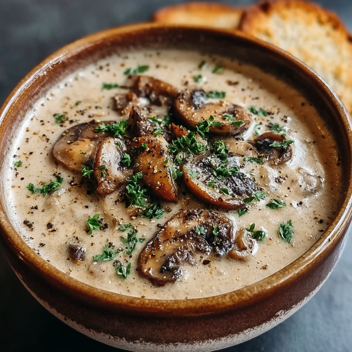 A close-up of creamy mushroom soup garnished with parsley and black pepper, served with toasted bread.