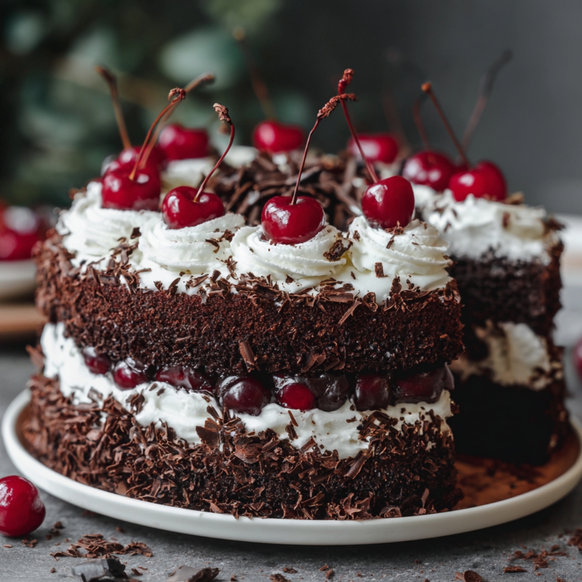 A close-up of a Black Forest cake with whipped cream swirls topped with cherries, and chocolate shavings on the sides, with a large slice removed.