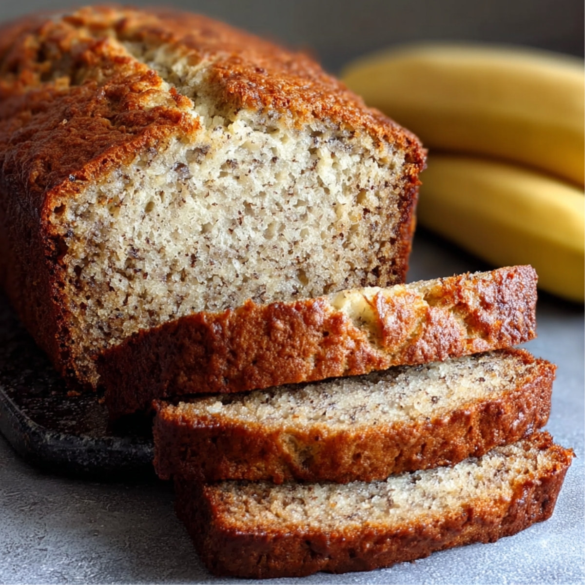A loaf of banana bread sliced into thick pieces on a dark board, with ripe bananas in the background