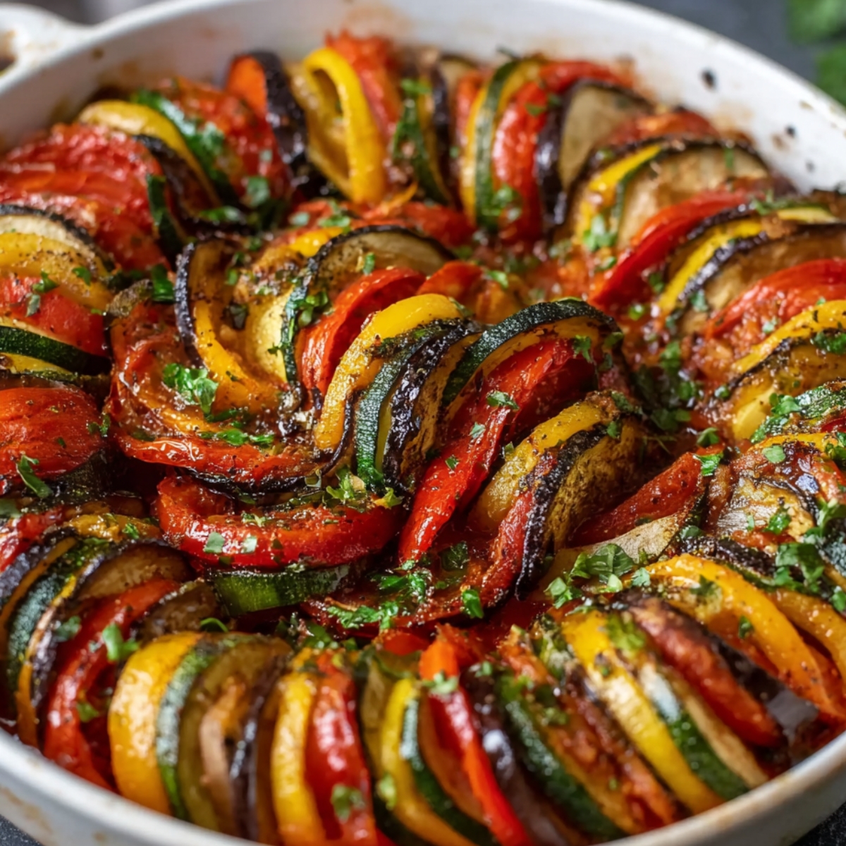 “Homemade ratatouille in a white ceramic dish, with layered zucchini, squash, eggplant, and tomatoes, roasted with herbs.”