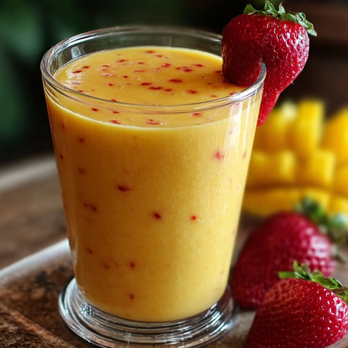 “Homemade mango strawberry smoothie in a clear glass with strawberry garnish, strawberries and diced mango in the background.”