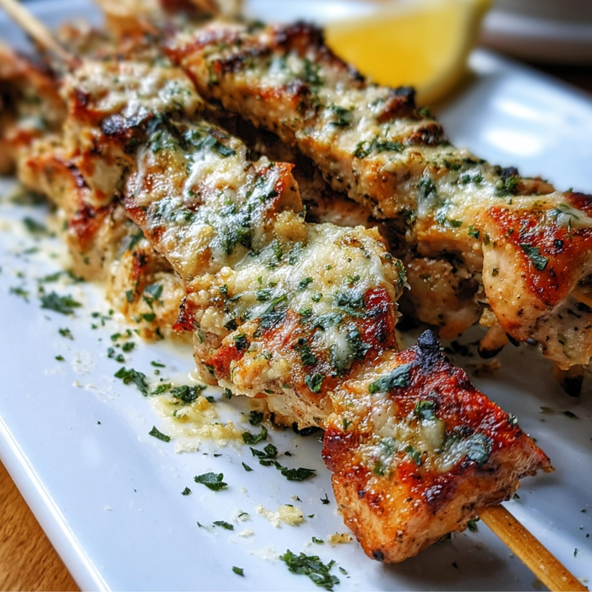 Homemade ranch garlic parmesan chicken skewers, golden-brown with parsley and lemon garnish.