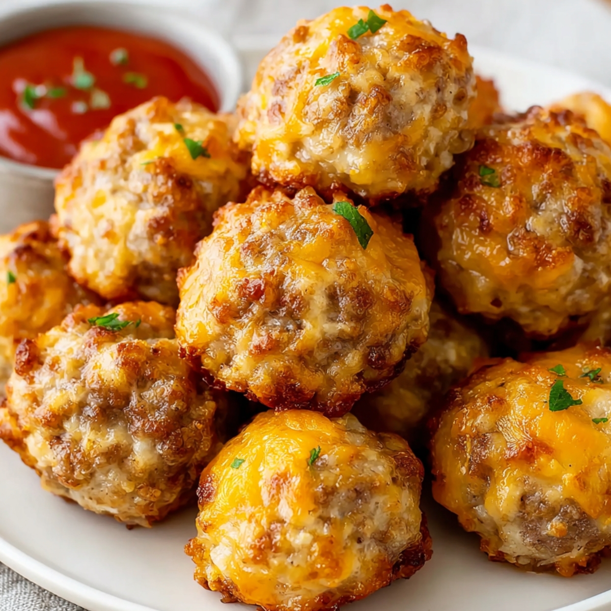 lose-up of baked sausage balls topped with melted cheese beside a sauce dish.