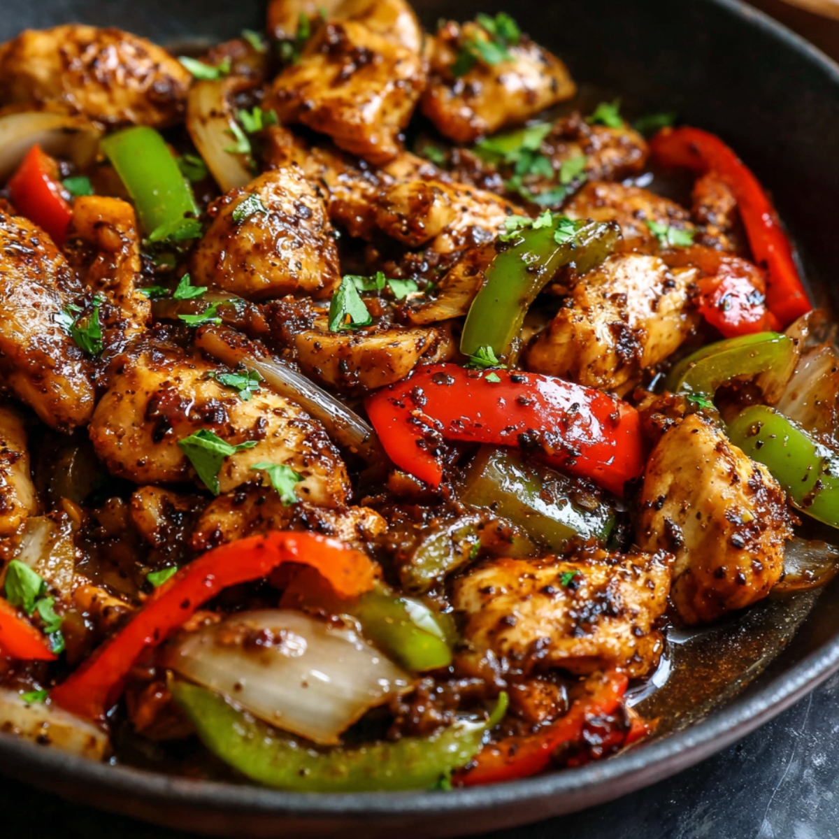 Spicy black pepper chicken dish with juicy chicken, red and green bell peppers, onions, and a glossy pepper sauce, garnished with chopped cilantro in a round bowl.