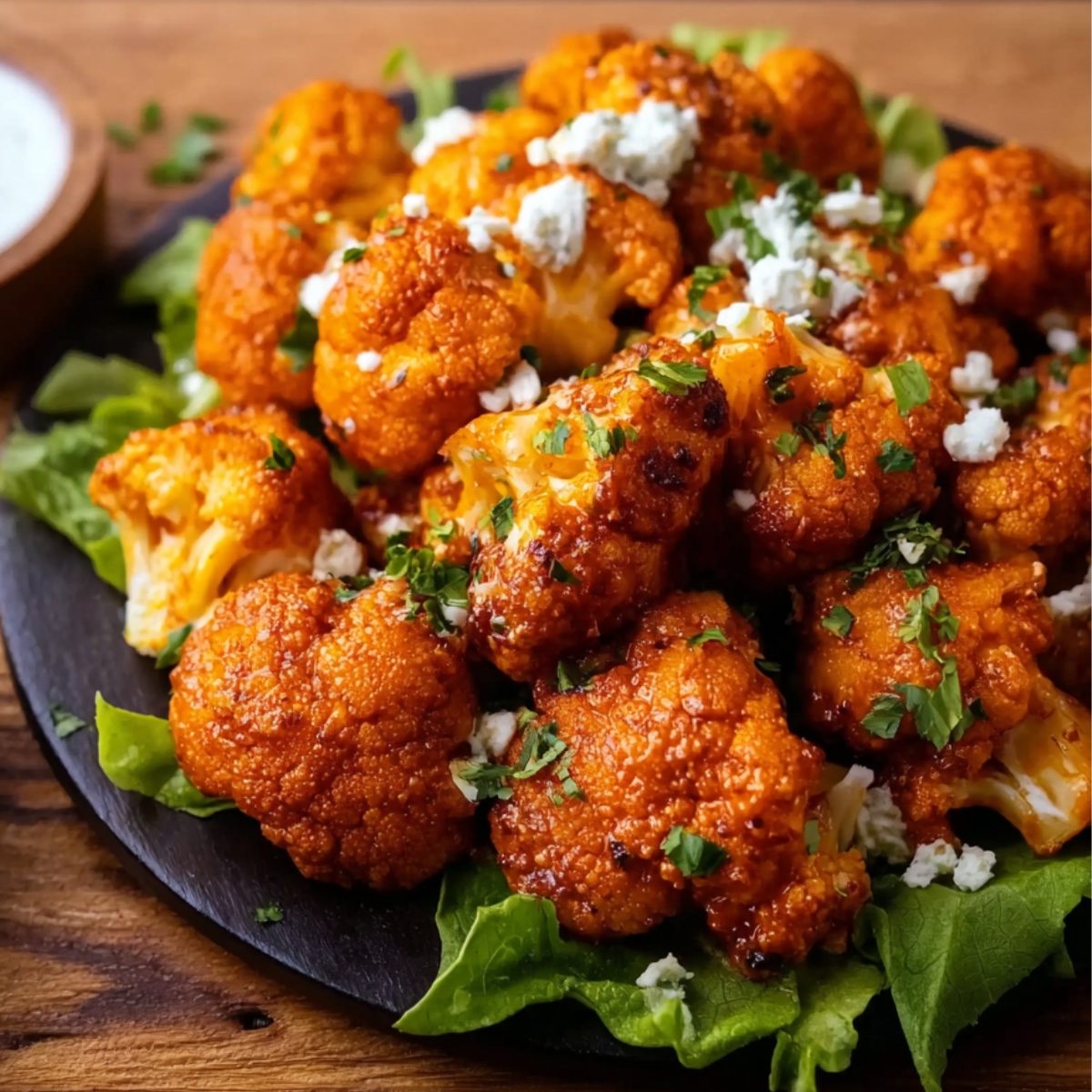 Buffalo cauliflower on lettuce leaves, topped with crumbled cheese and herbs.