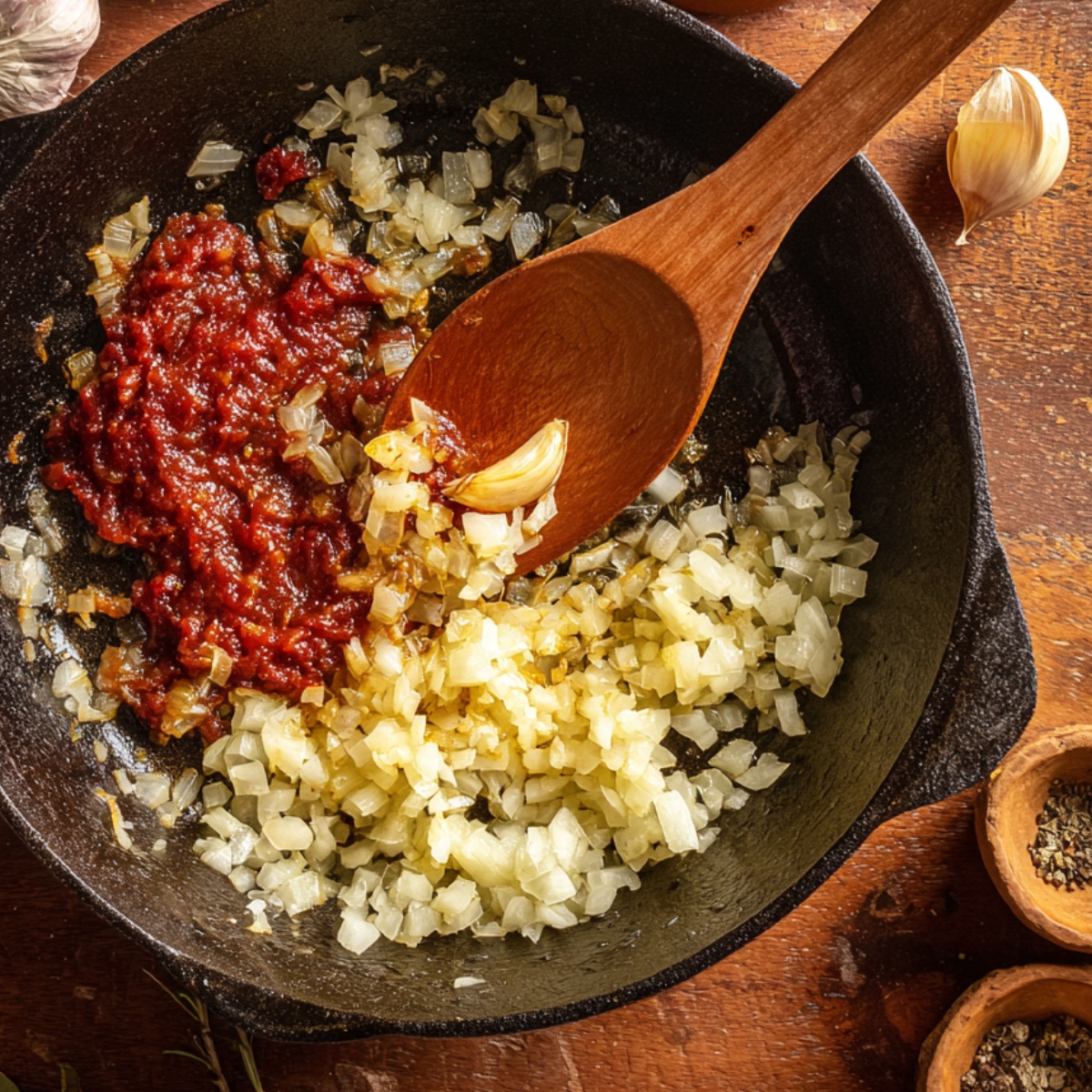 “Onions, tomato paste, and garlic cooking in a skillet with a wooden spoon, forming the base for ratatouille.”