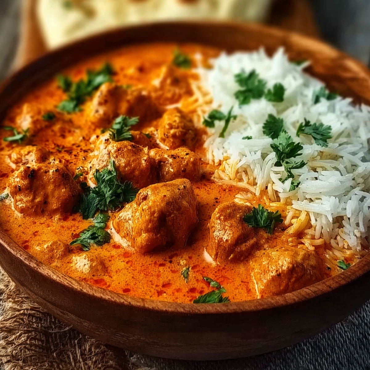 Creamy butter chicken with rice, topped with cilantro