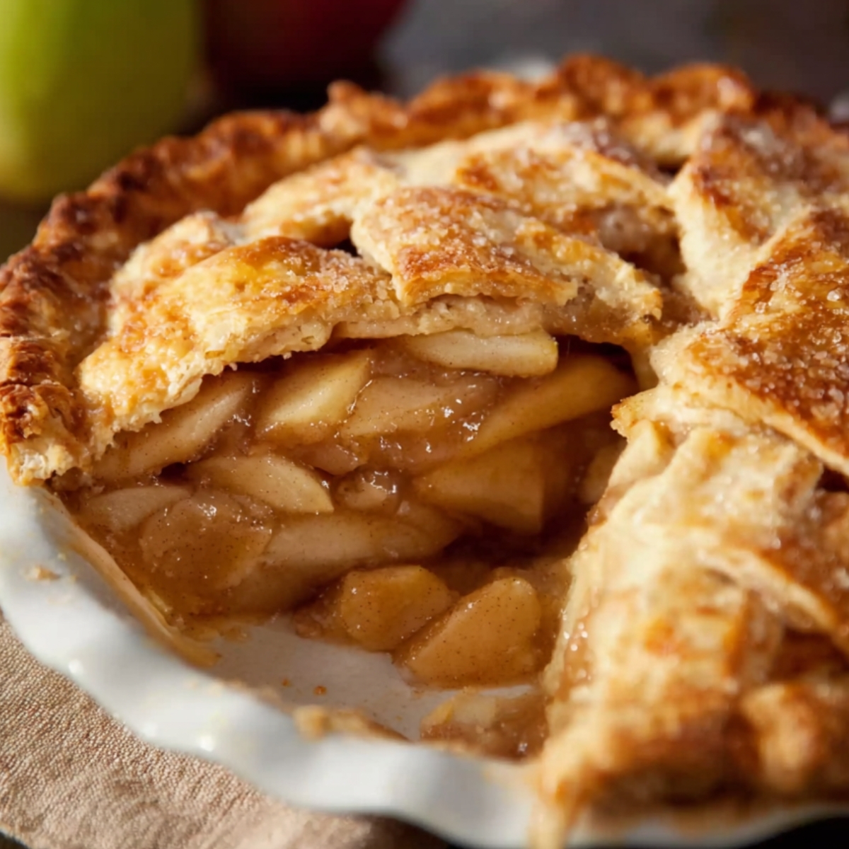 Apple pie in a white dish with a golden lattice crust, one slice removed to show the gooey apple filling.