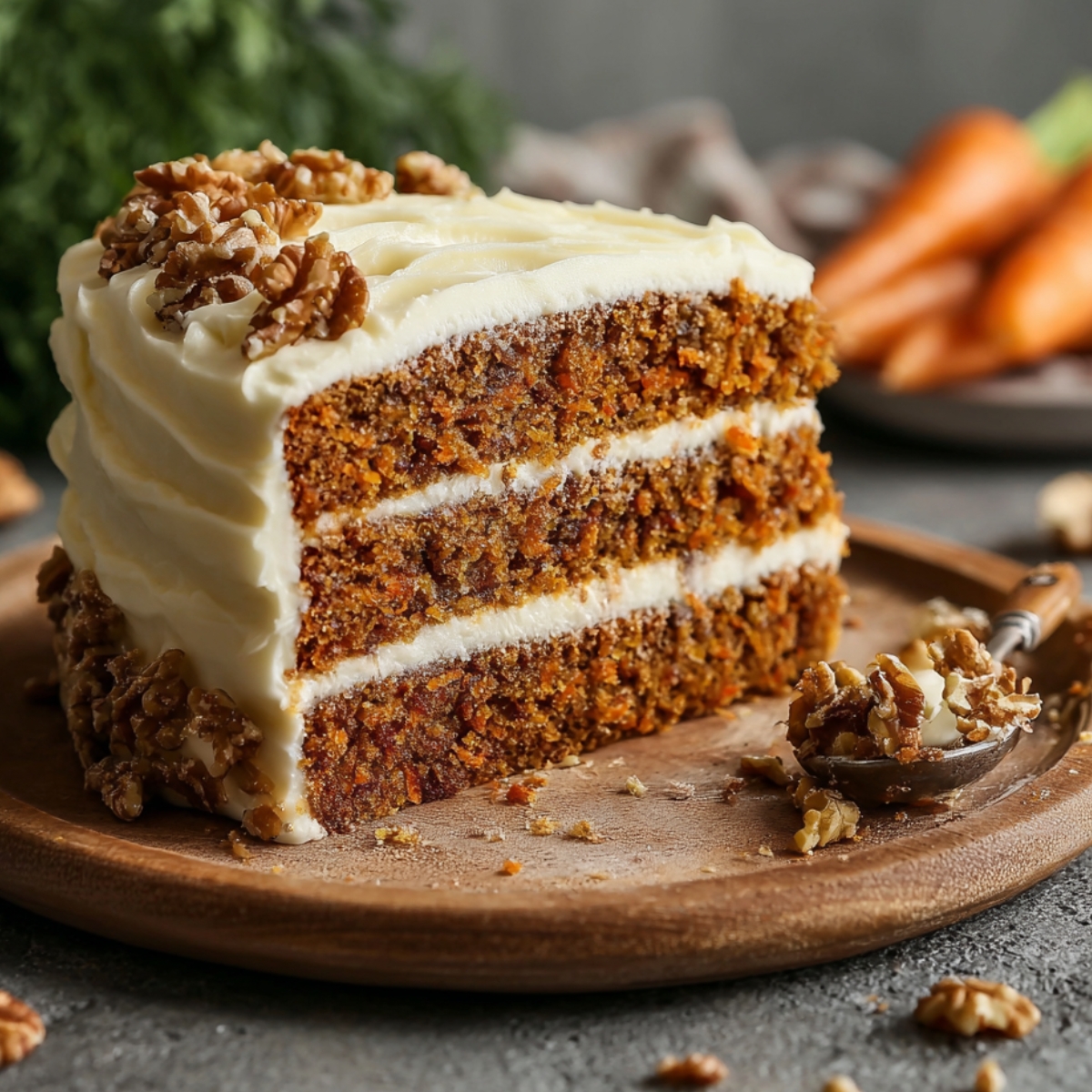A generous slice of three-layer carrot cake with cream cheese frosting and walnut garnish on a wooden plate, with a spoon and crumbs beside it.