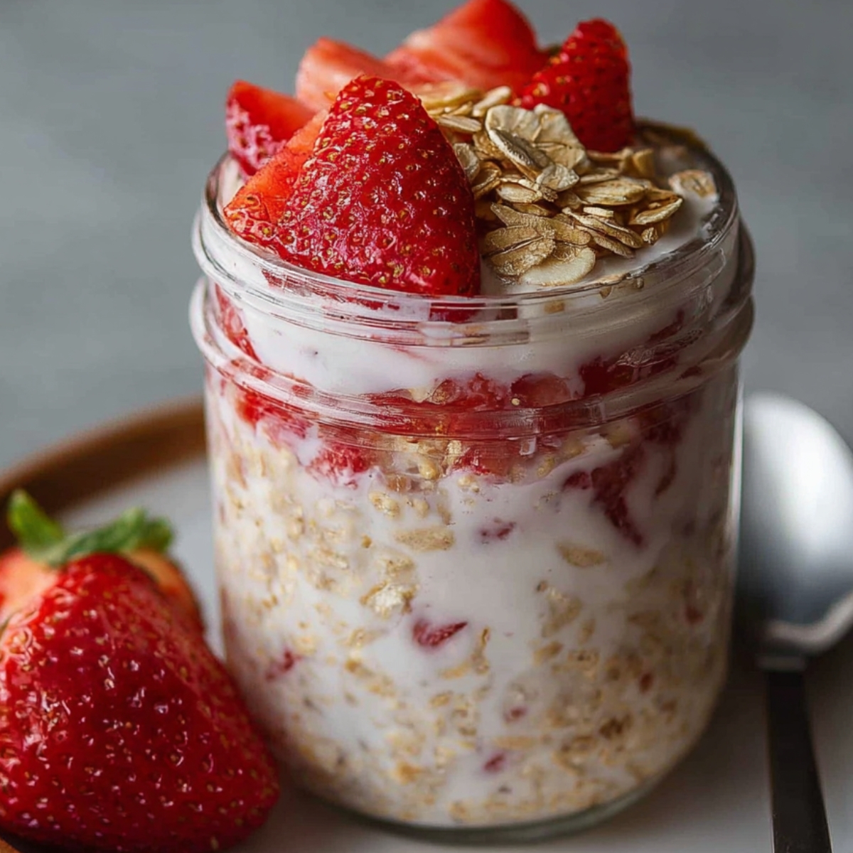 A mason jar of strawberry overnight oats layered with yogurt, oats, and chunks of strawberries, topped with fresh strawberries and oats, with a whole strawberry next to the jar.