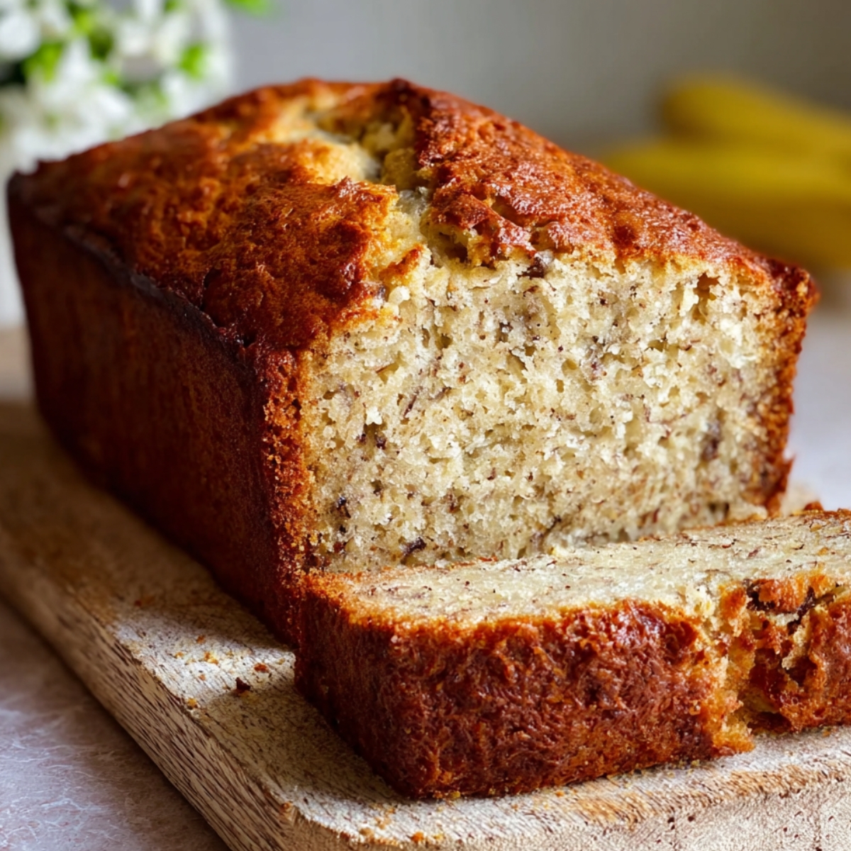 A loaf of banana bread on a wooden board with one slice cut, showing its moist, fluffy texture with specks of banana inside.