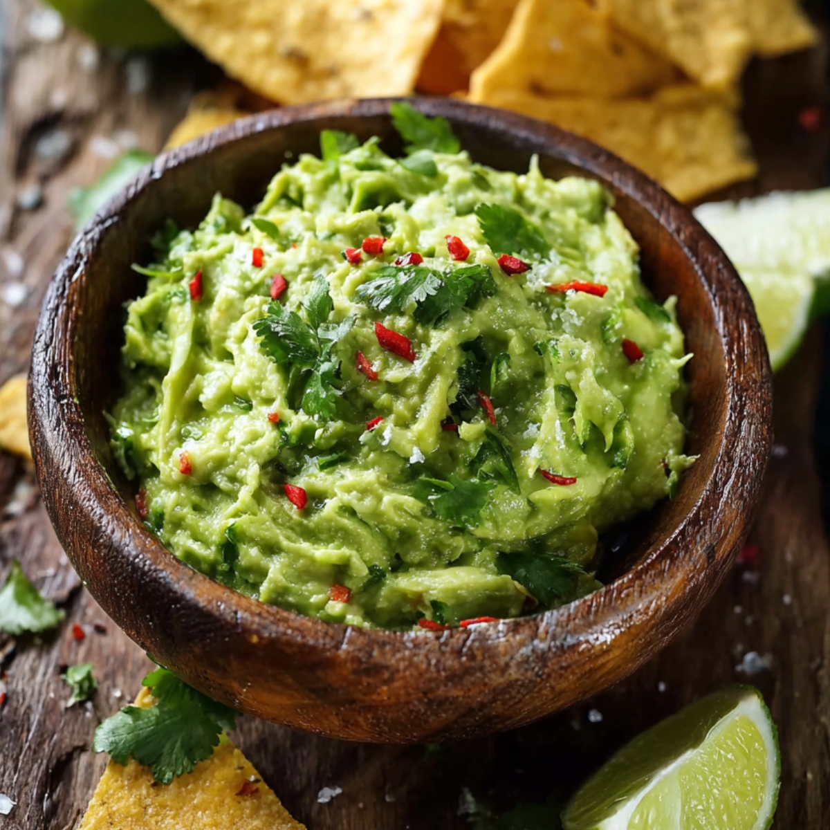 A wooden bowl of vibrant green guacamole sprinkled with cilantro, red chili, and coarse salt, served with tortilla chips and lime wedges on the side.