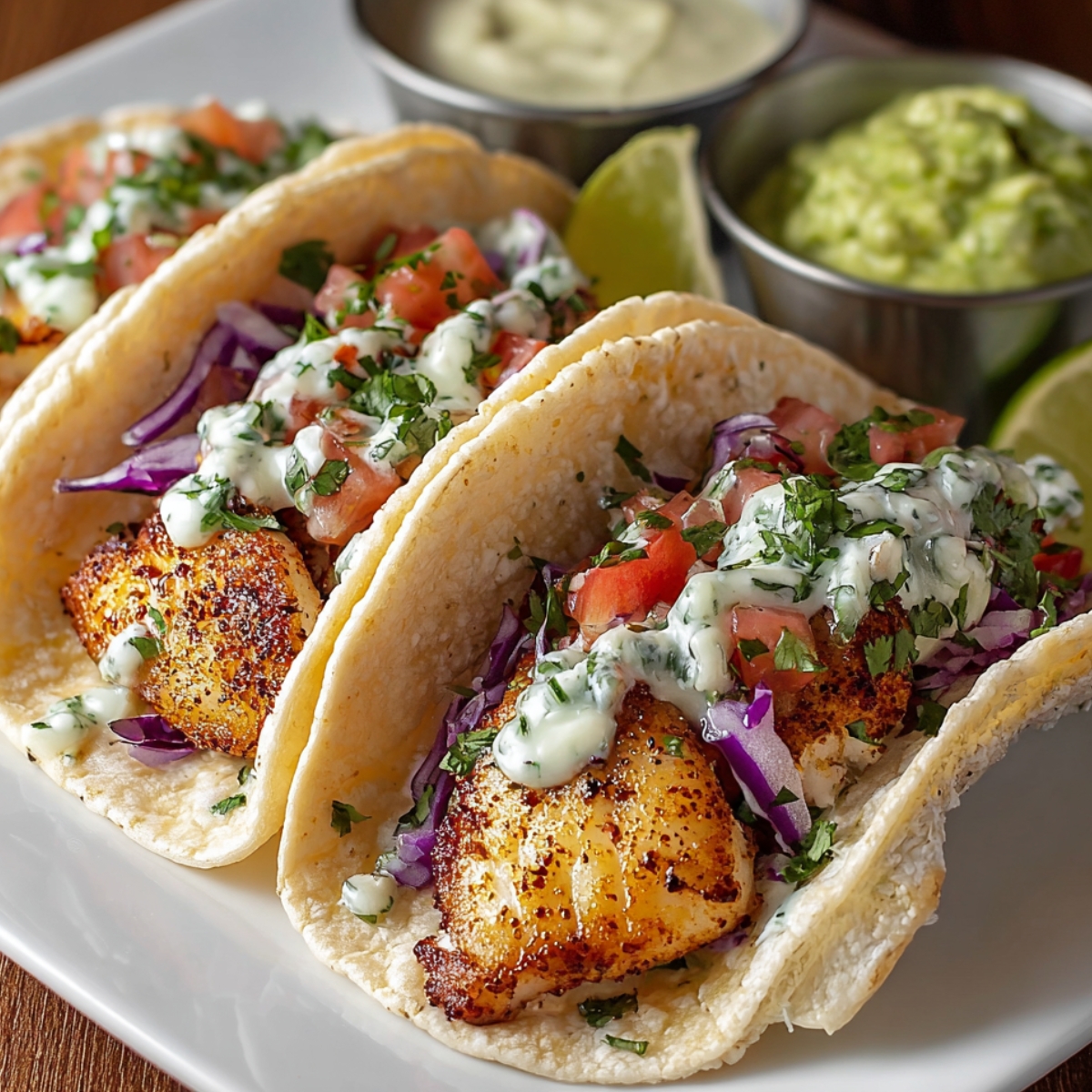 Close-up of fish tacos in tortillas with slaw and avocado.
