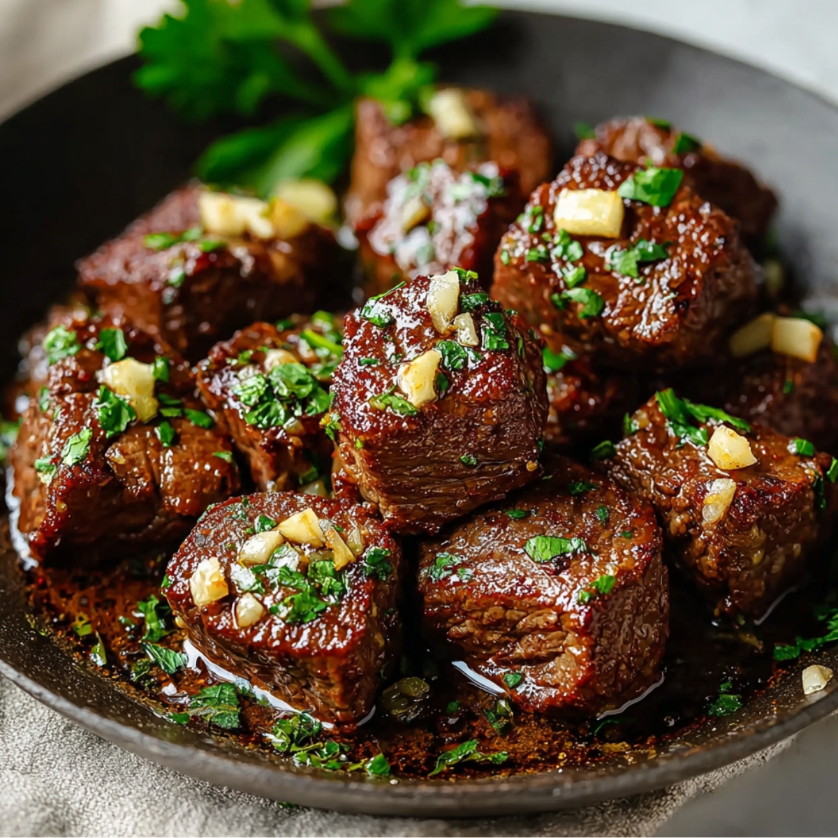 Garlic butter steak bites in a pan, topped with sautéed garlic and herbs.