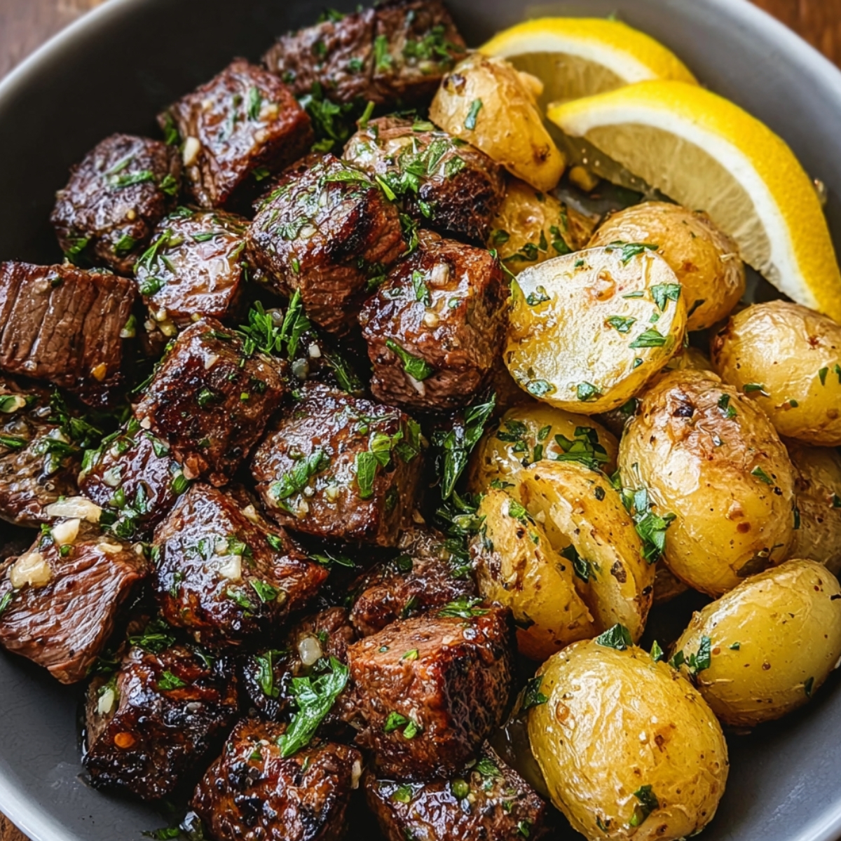 "Steak bites and roasted potatoes topped with herbs, served in a black bowl with lemon wedges on the side."