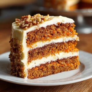 Slice of homemade carrot cake with cream cheese frosting and chopped nuts on top, served on a white plate.