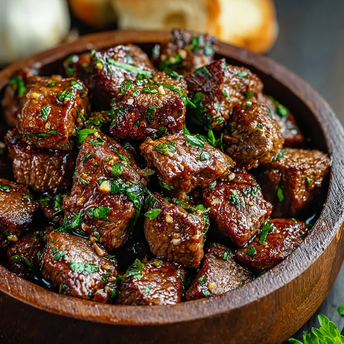 Bowl of garlic butter steak bites glistening with sauce and sprinkled with parsley.