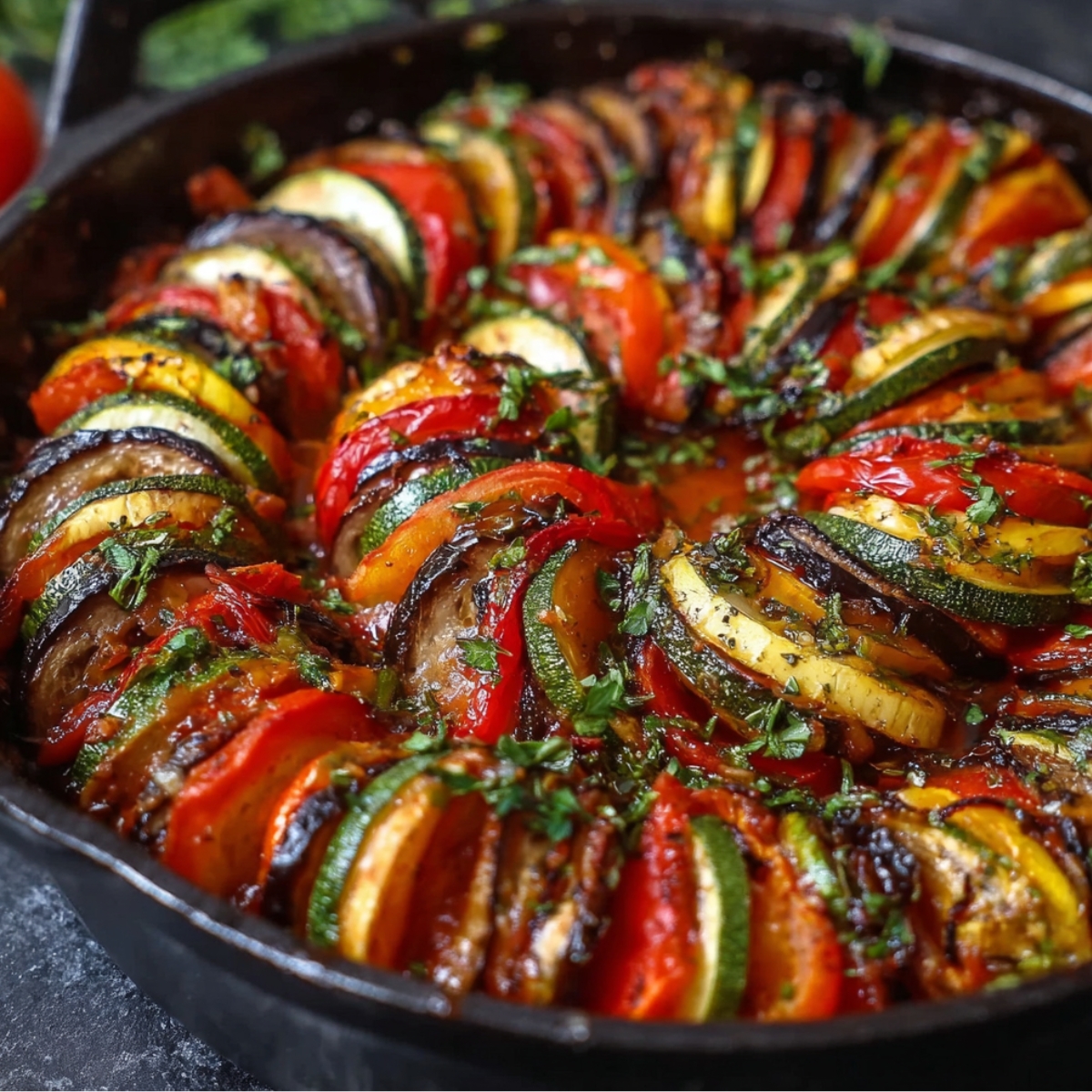 “Homemade ratatouille recipe in a cast-iron skillet, layered with zucchini, eggplant, tomatoes, and squash in a spiral, roasted until tender with fresh herbs on top.”