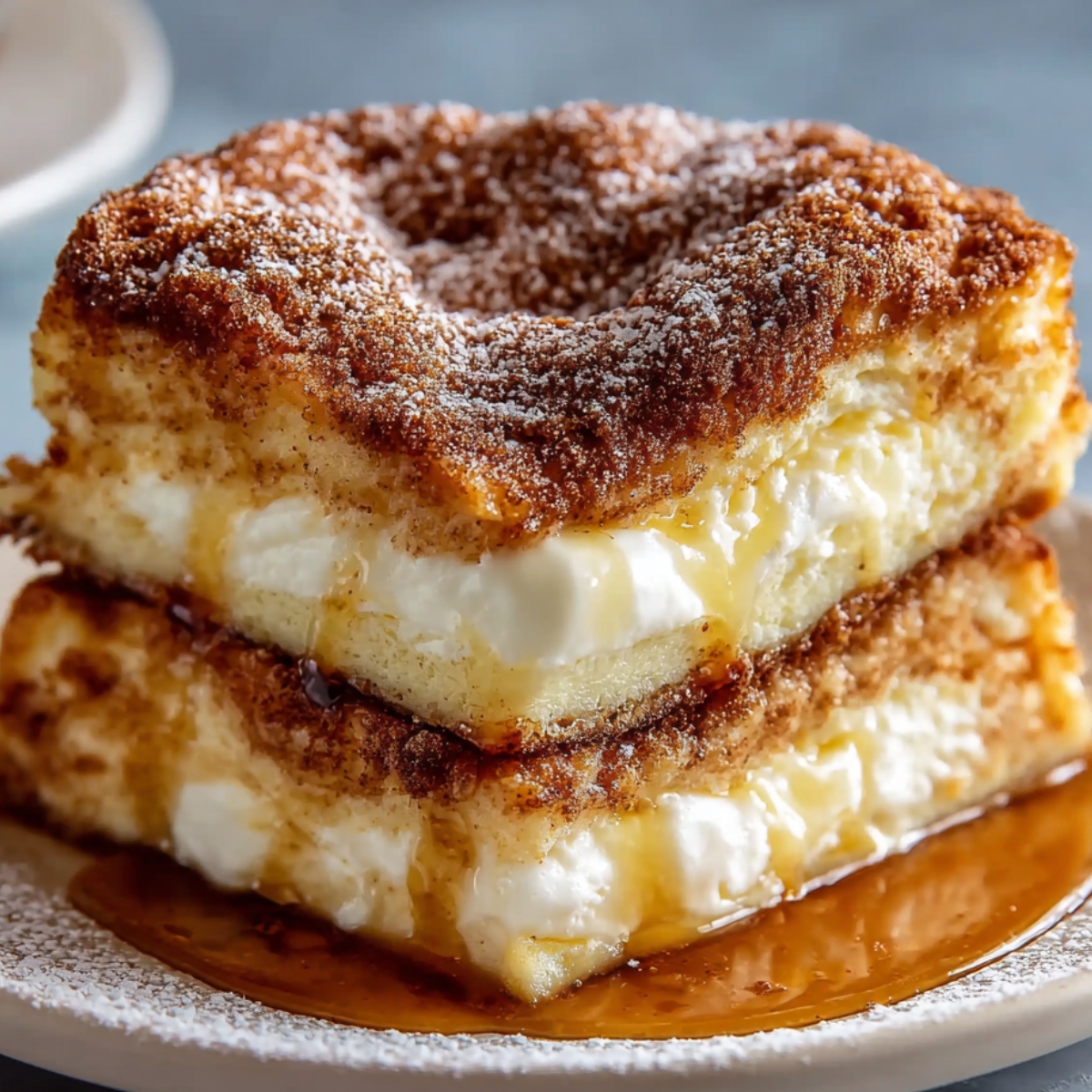 "A close-up of a Sopapilla Cheesecake slice on a plate, golden brown and dusted with powdered sugar, with cream cheese filling and honey syrup."