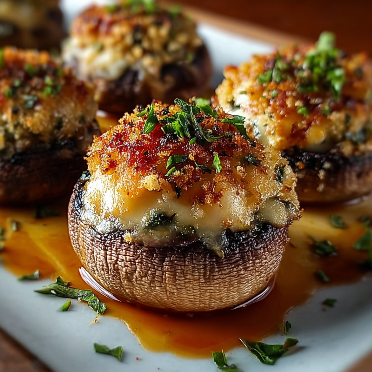 Close-up of baked stuffed mushroom topped with melted cheese, breadcrumbs, and parsley