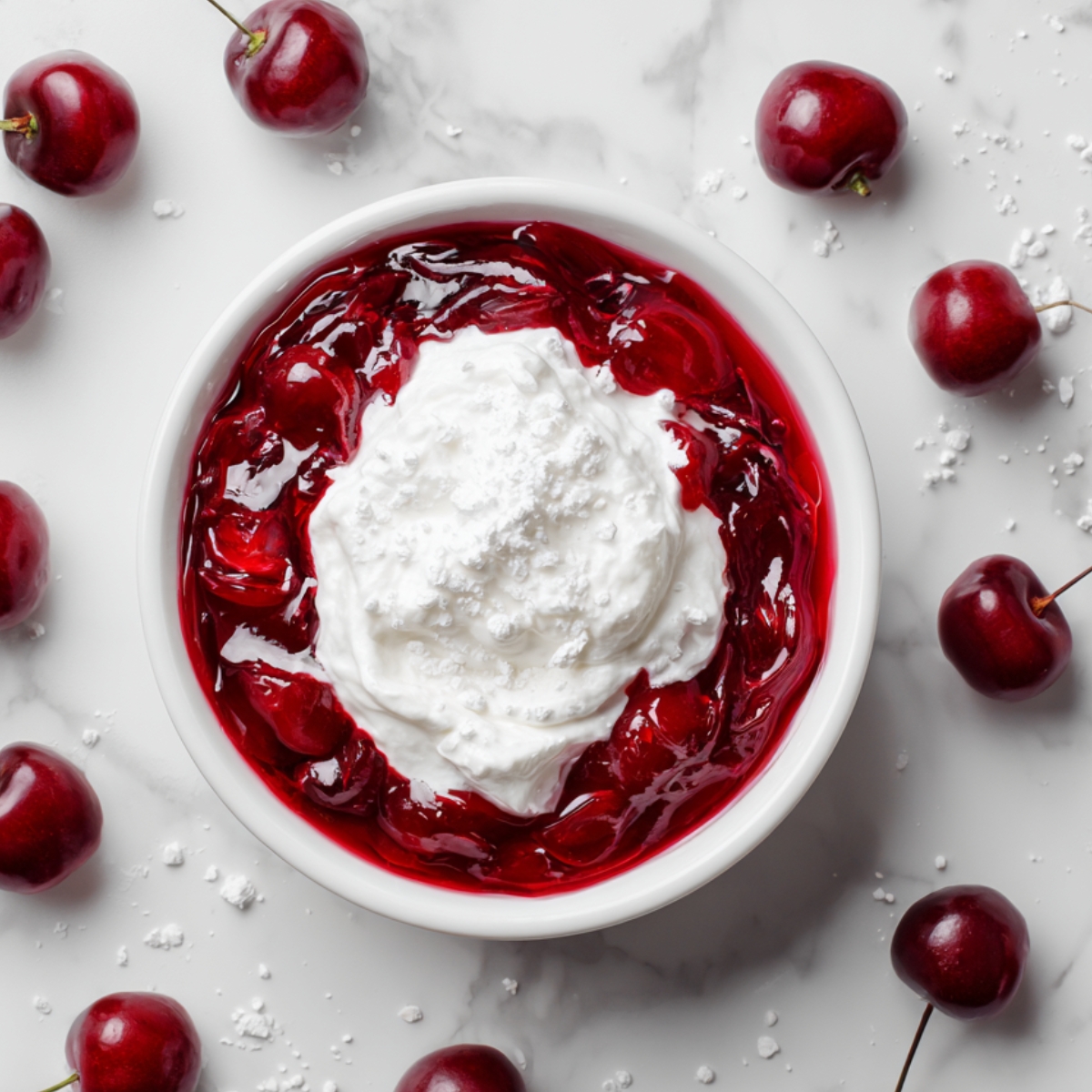 Bowl of cherry filling topped with whipped cream and surrounded by fresh cherries on a marble surface.