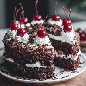 Slice of Black Forest cake with layers of chocolate sponge, whipped cream, cherries, and chocolate shavings, topped with whole cherries.