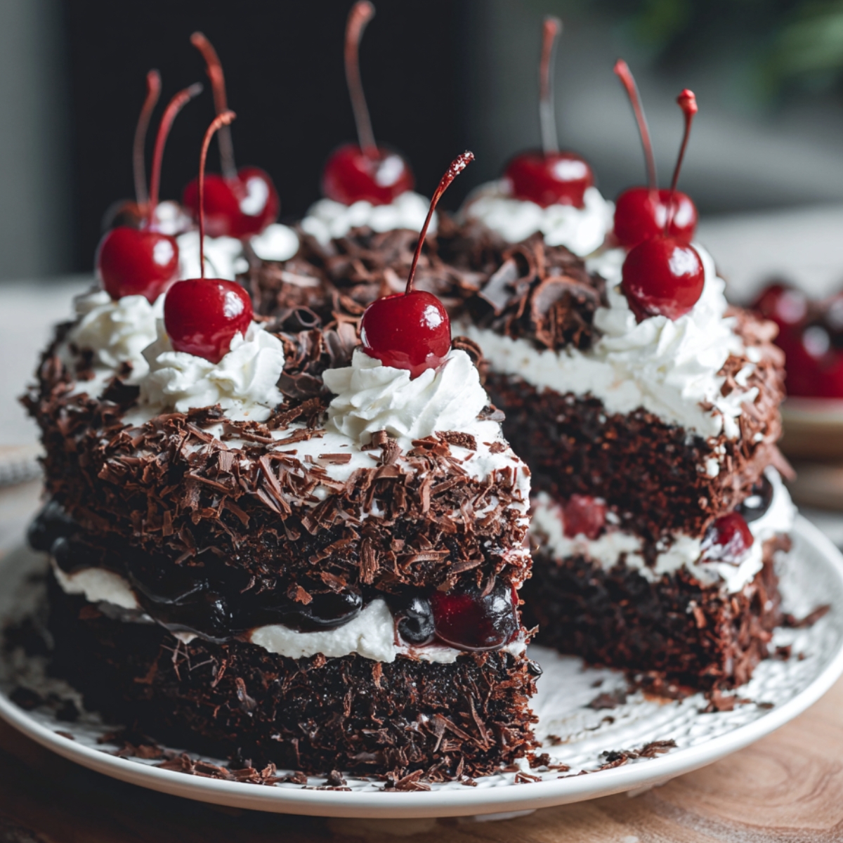 Slice of Black Forest cake with layers of chocolate sponge, whipped cream, cherries, and chocolate shavings, topped with whole cherries.