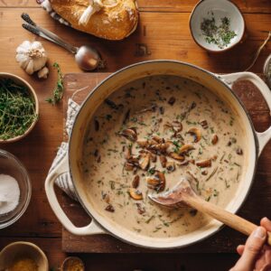 A large pot of creamy mushroom soup simmering with herbs and garlic on a rustic wooden table.