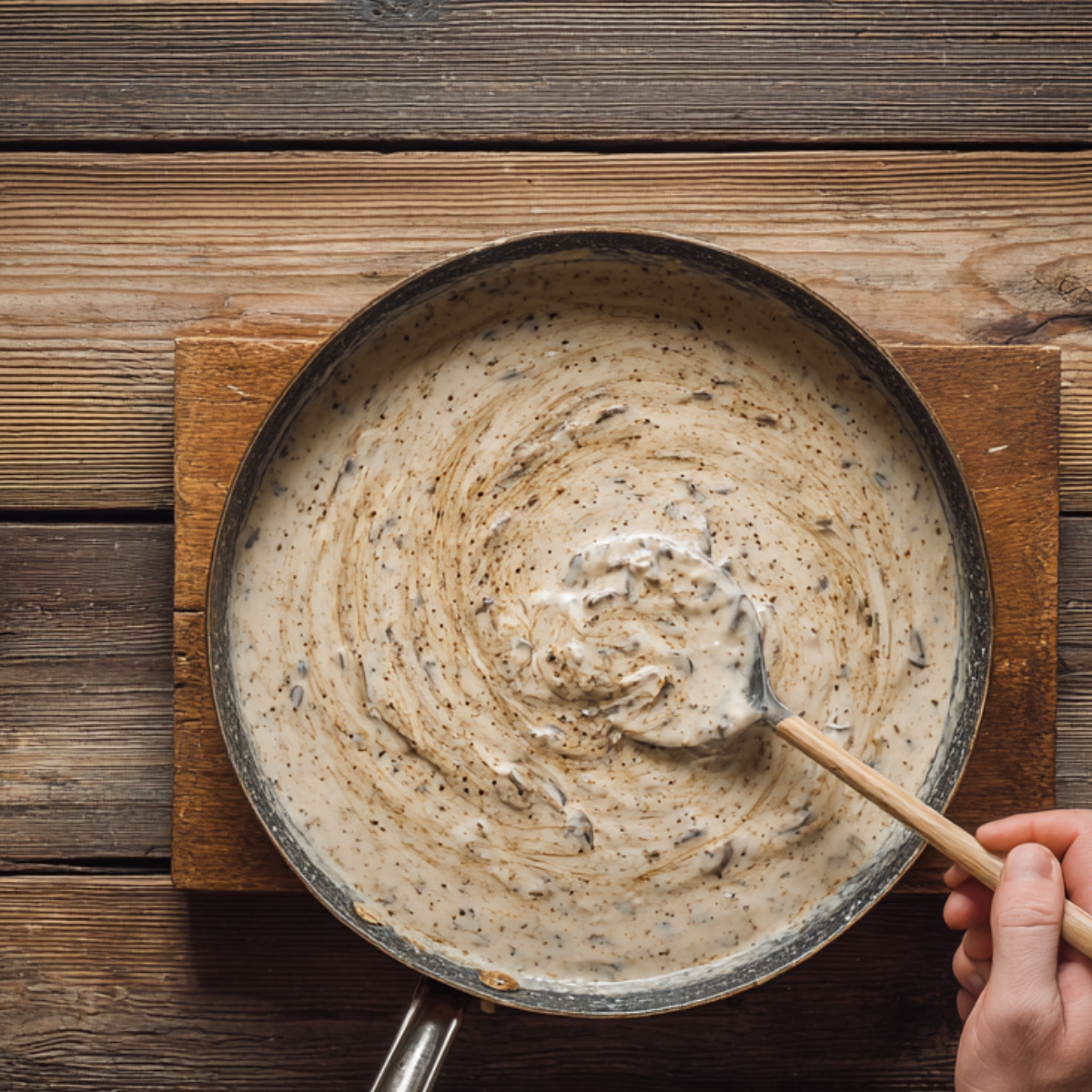 “A skillet filled with creamy mushroom soup being stirred with a wooden spoon on a rustic wooden table.”