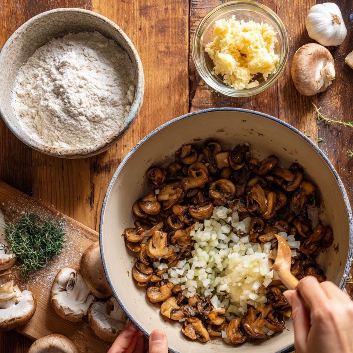 Mushrooms and chopped onions being stirred together in a pot with flour and herbs nearby.