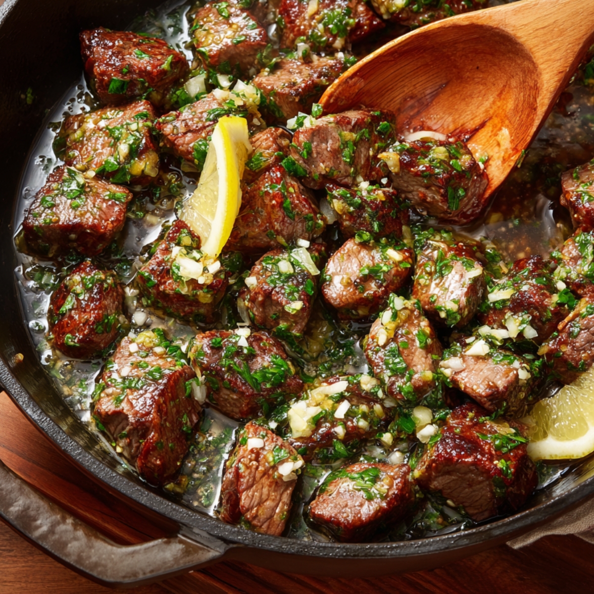 Garlic butter steak bites in a pan with fresh parsley, minced garlic, and lemon wedges.
