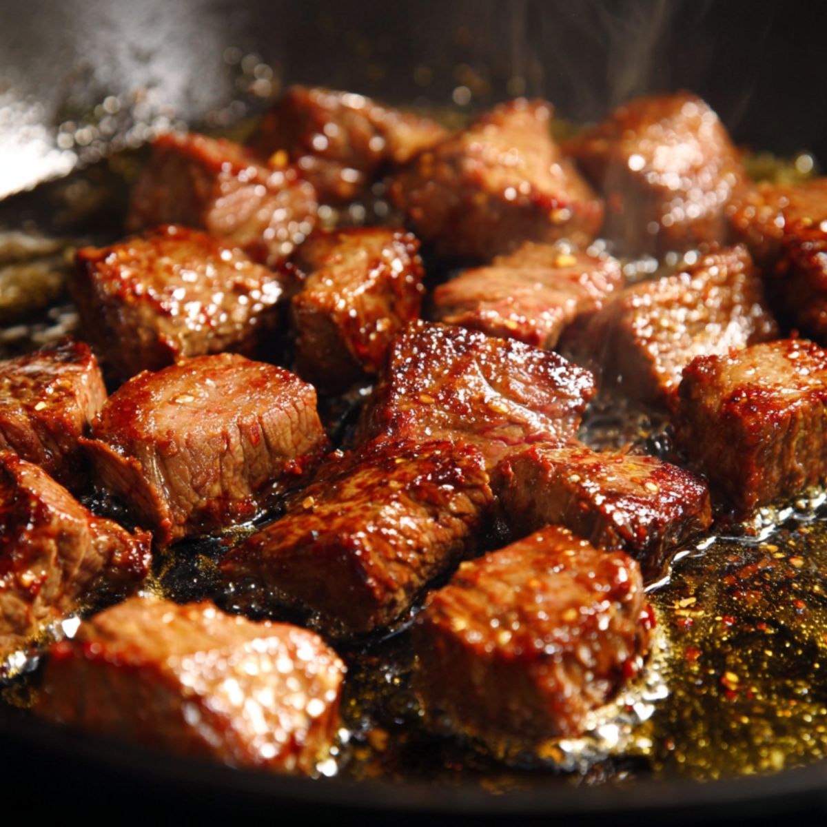 Steak bites sizzling in a hot skillet, caramelized and coated with garlic butter.