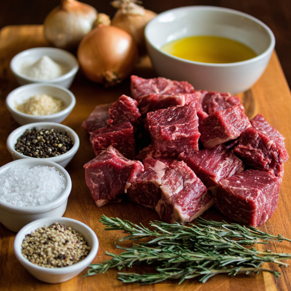 Cubes of raw steak on a cutting board with bowls of spices, salt, pepper, onions, rosemary, and olive oil.