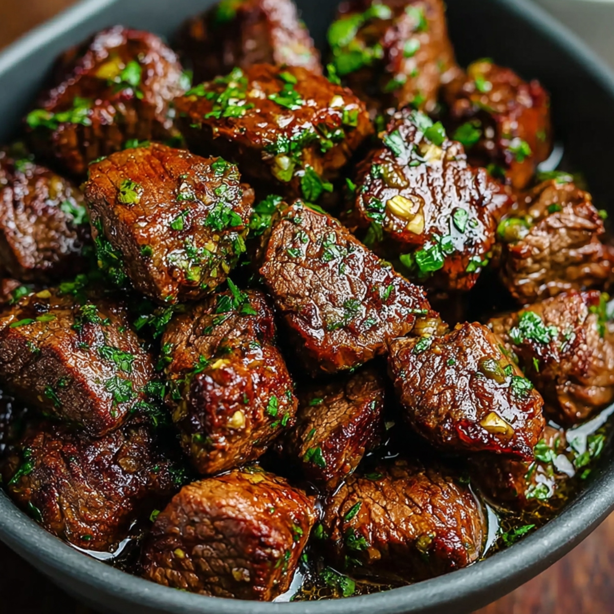 – Dark bowl filled with seared garlic butter steak bites coated in herbs and garlic.
