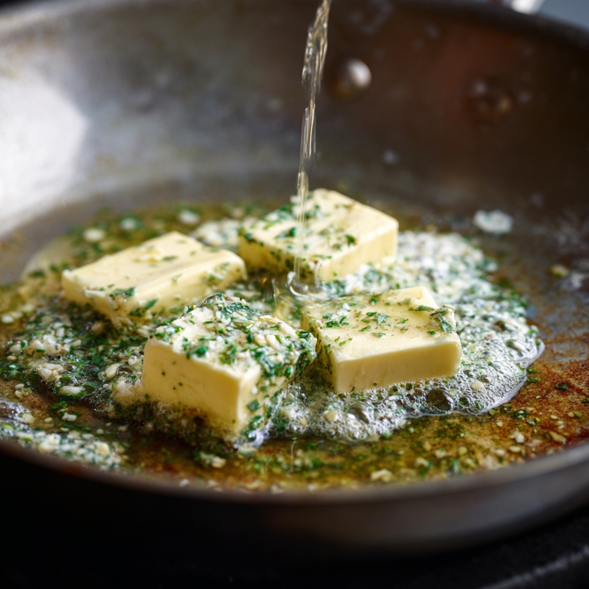 Melted garlic herb butter bubbling in a pan with fresh herbs and sizzling garlic.