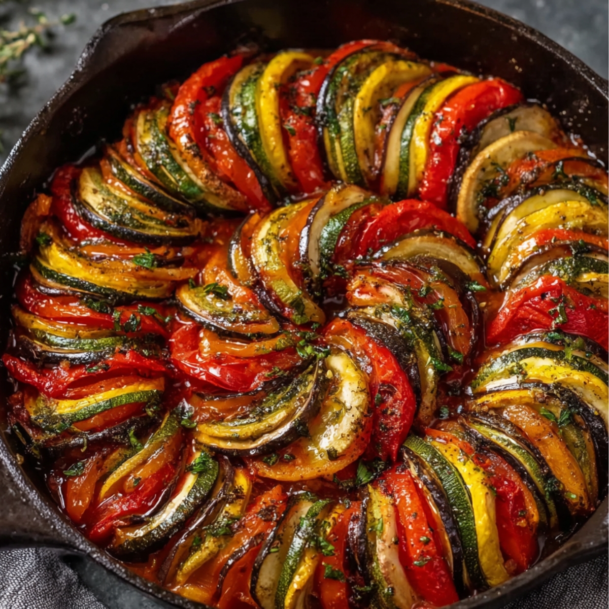“Ratatouille in a cast-iron skillet with layered zucchini, squash, eggplant, and tomatoes, roasted with herbs.”