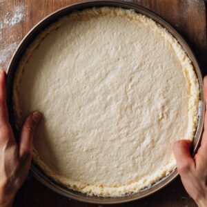"Hands holding a round baking pan filled with an even layer of dough pressed across the bottom and edges, forming the crust for Sopapilla Cheesecake."