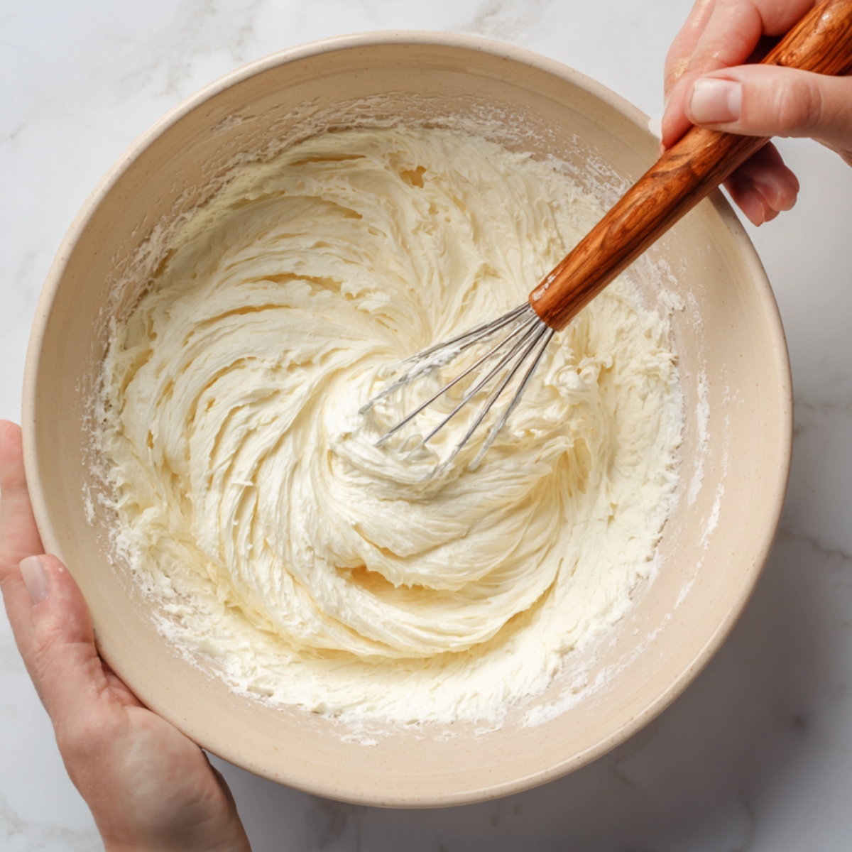 "A person whisking cream cheese mixture in a large bowl until smooth and creamy, preparing filling for Sopapilla Cheesecake."