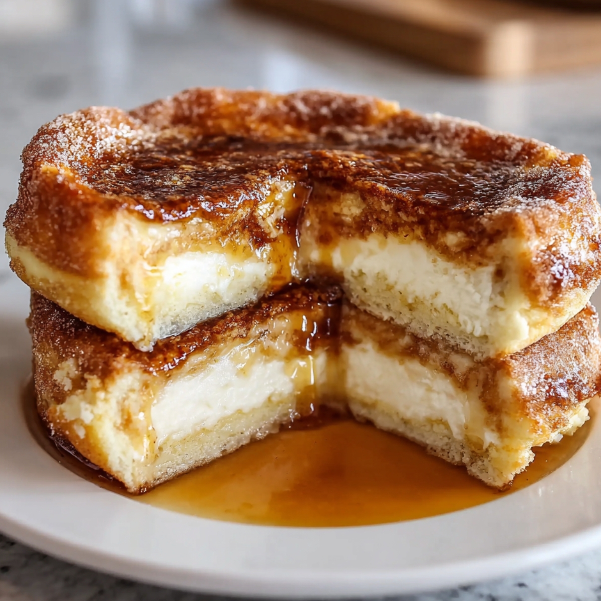 "A round Sopapilla Cheesecake cut in half, showing creamy layers inside, topped with cinnamon sugar and honey syrup dripping down."