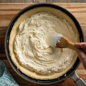 "A spatula spreading creamy cheesecake filling evenly over the baked crust in a round pan while preparing Sopapilla Cheesecake."