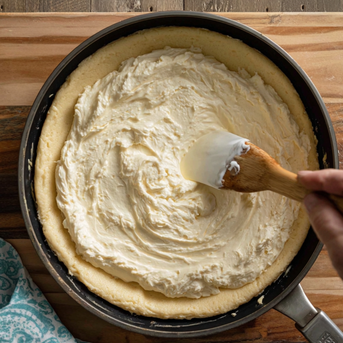 "A spatula spreading creamy cheesecake filling evenly over the baked crust in a round pan while preparing Sopapilla Cheesecake."