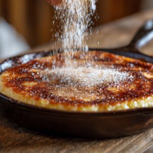 "A Sopapilla Cheesecake in a cast iron pan being dusted with cinnamon sugar while still warm from the oven."
