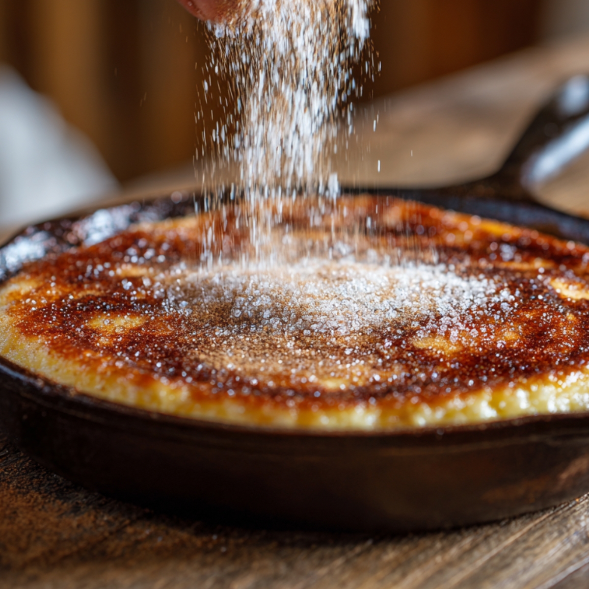 "A Sopapilla Cheesecake in a cast iron pan being dusted with cinnamon sugar while still warm from the oven."