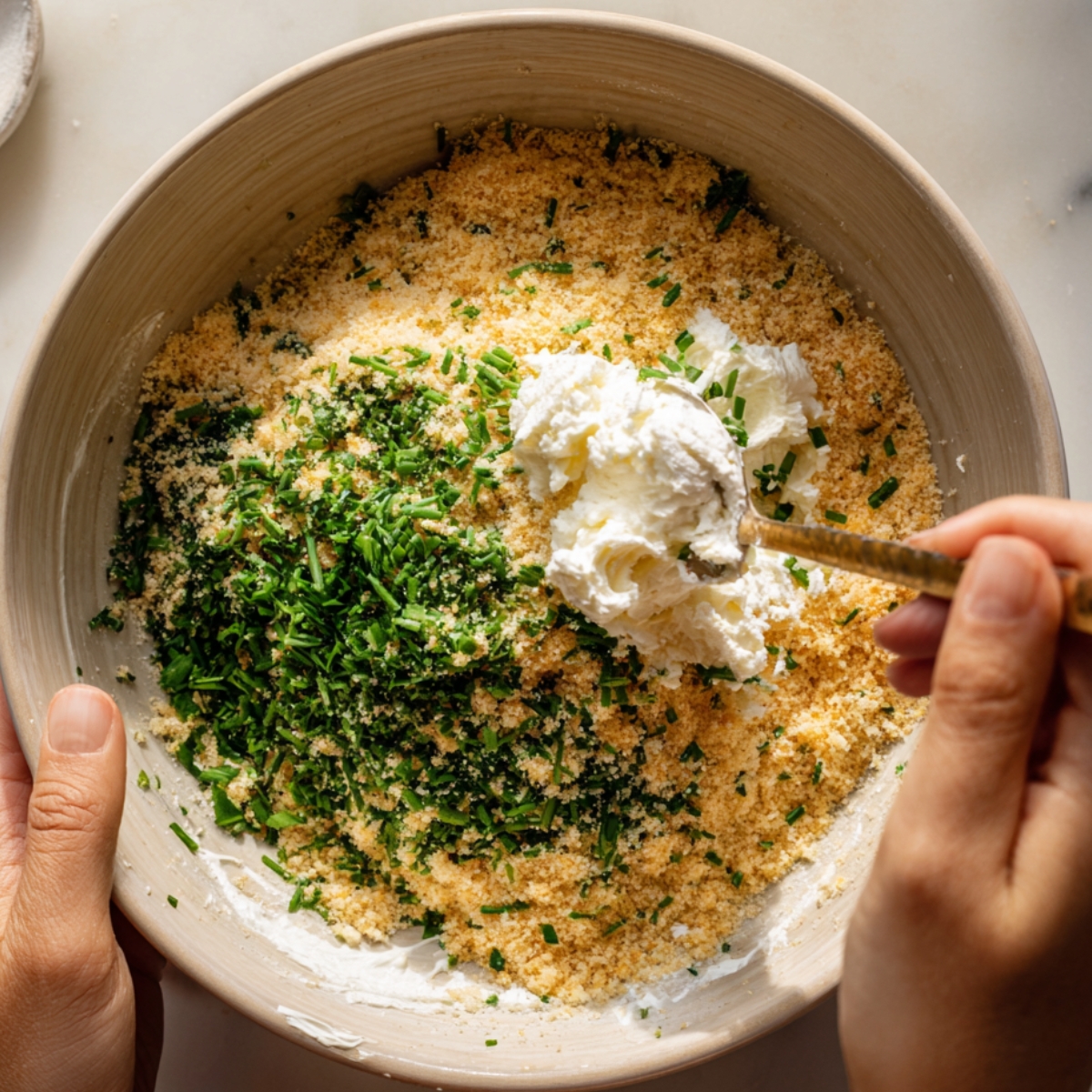 Mixing cream cheese, breadcrumbs, and fresh chopped herbs in a bowl for stuffed mushroom filling.