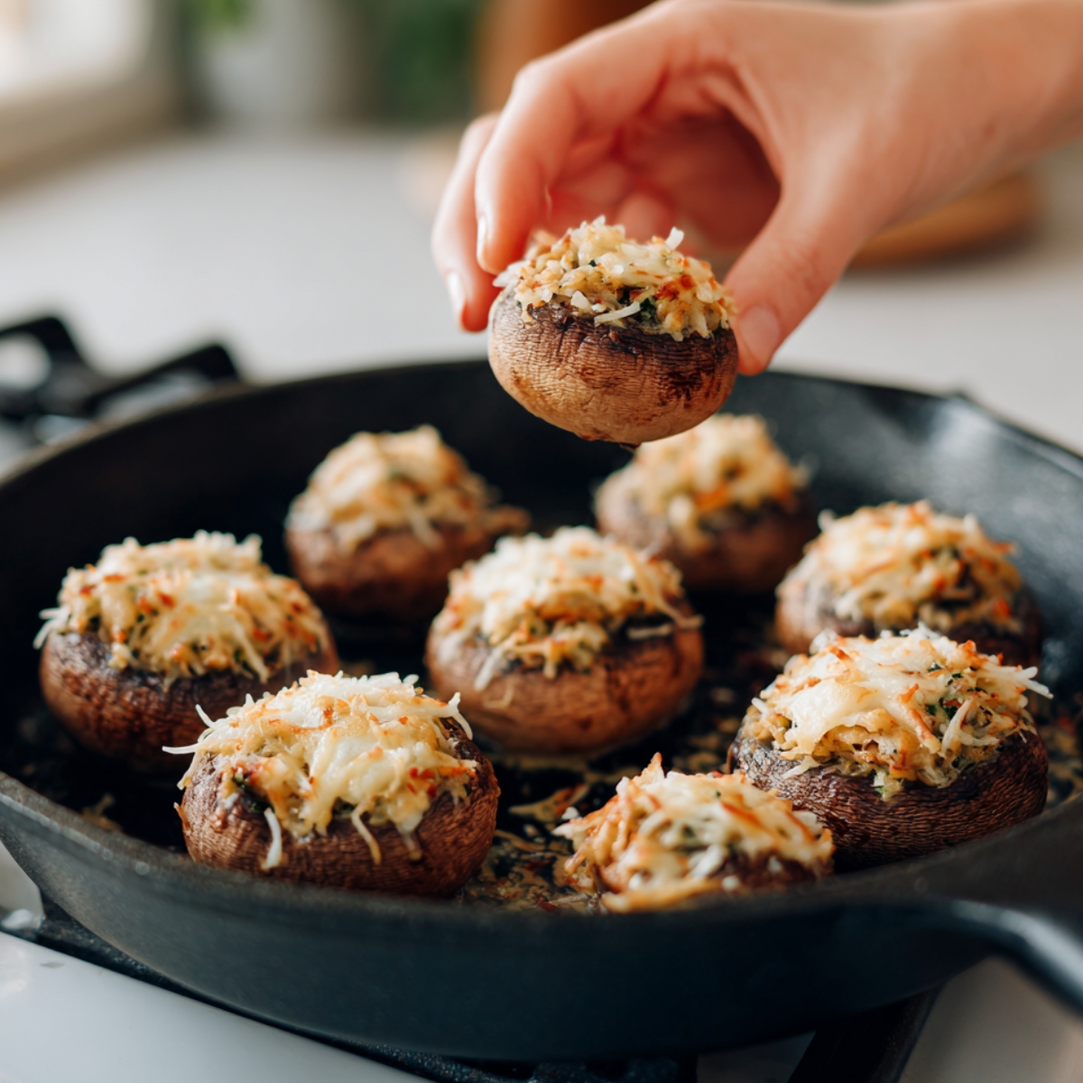 Hand placing a stuffed mushroom topped with cheese into a skillet with others.