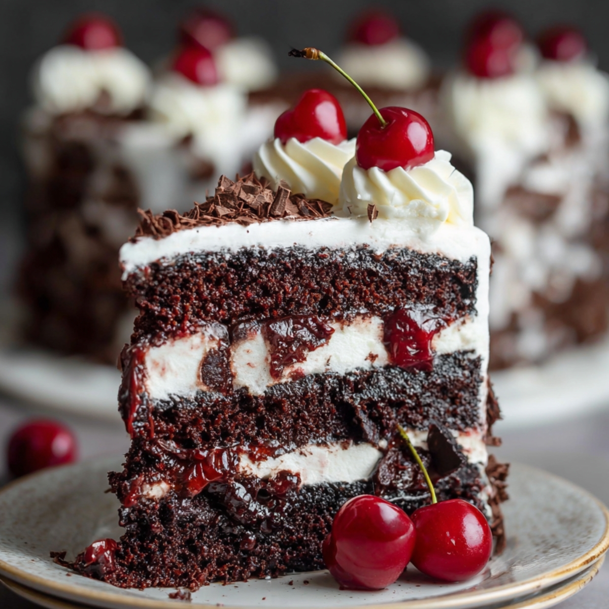 Slice of Black Forest cake with chocolate layers, whipped cream, and cherries.