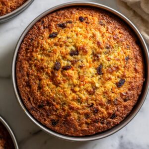 "A close-up of a freshly baked carrot cake in a round metal pan, golden brown with a slightly crisp surface, dotted with raisins and grated carrot pieces."