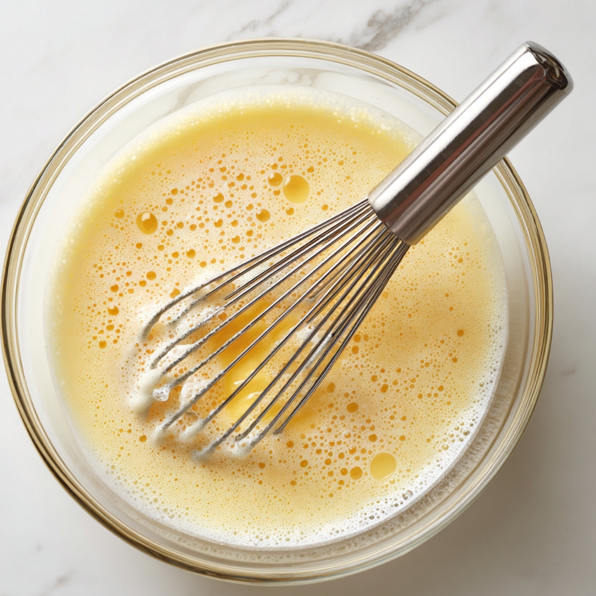 A glass mixing bowl filled with whisked eggs, pale yellow and frothy with bubbles, with a shiny metal whisk resting inside on a marble countertop."