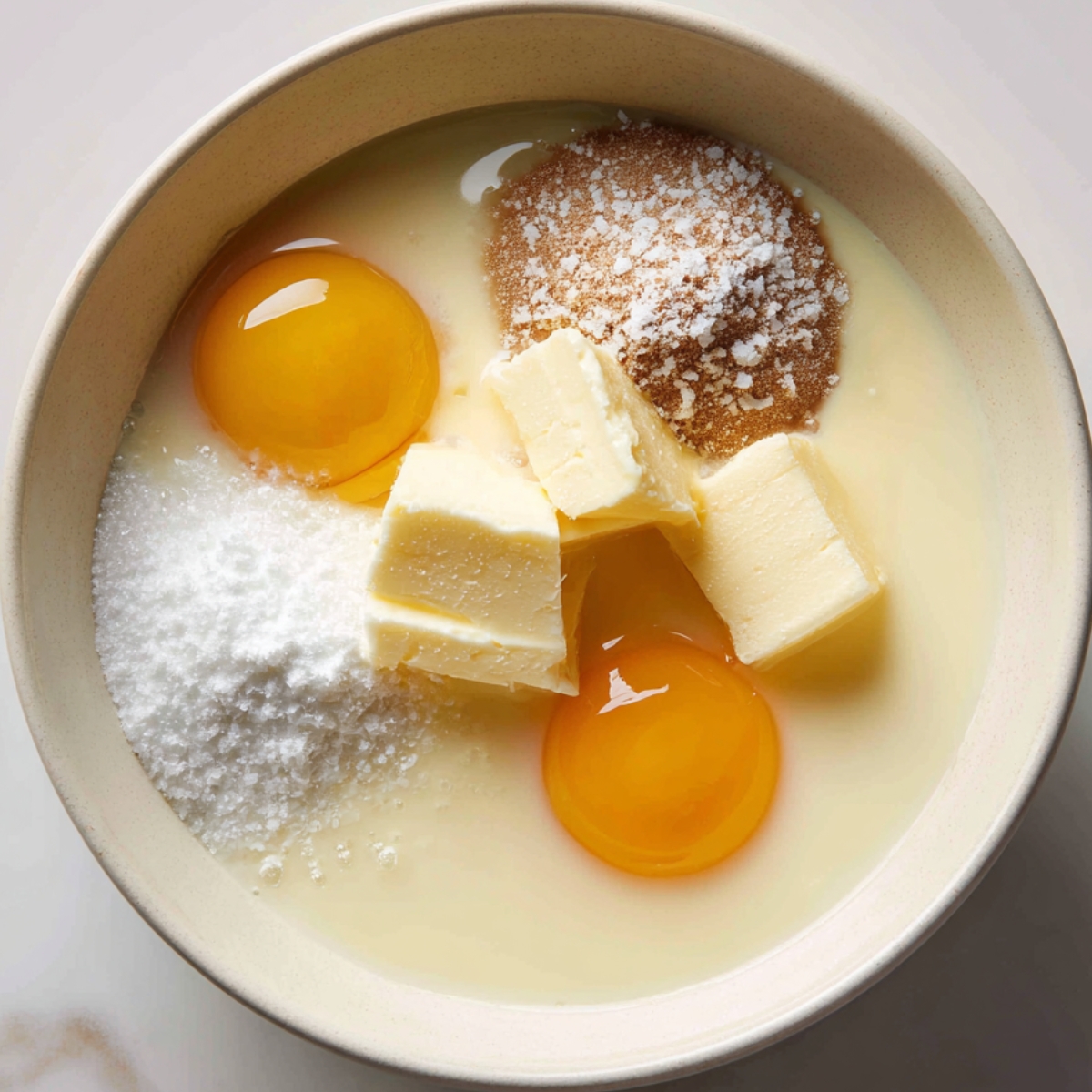 "A mixing bowl filled with baking ingredients: two raw eggs, cubes of butter, granulated sugar, brown sugar, and milk, ready to be blended for banana bread batter."